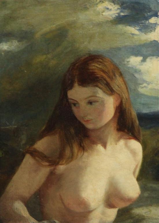 Attributed to William Etty R.A. (1787-1849) Nude in a landscape, 10 x 7.5in.